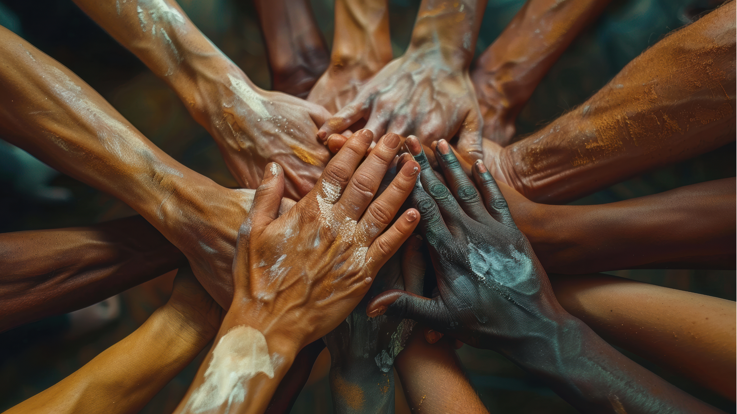 Sociedade representada por mãos diversas sobrepostas