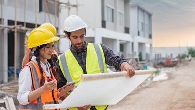 Três engenheiros em uma obra